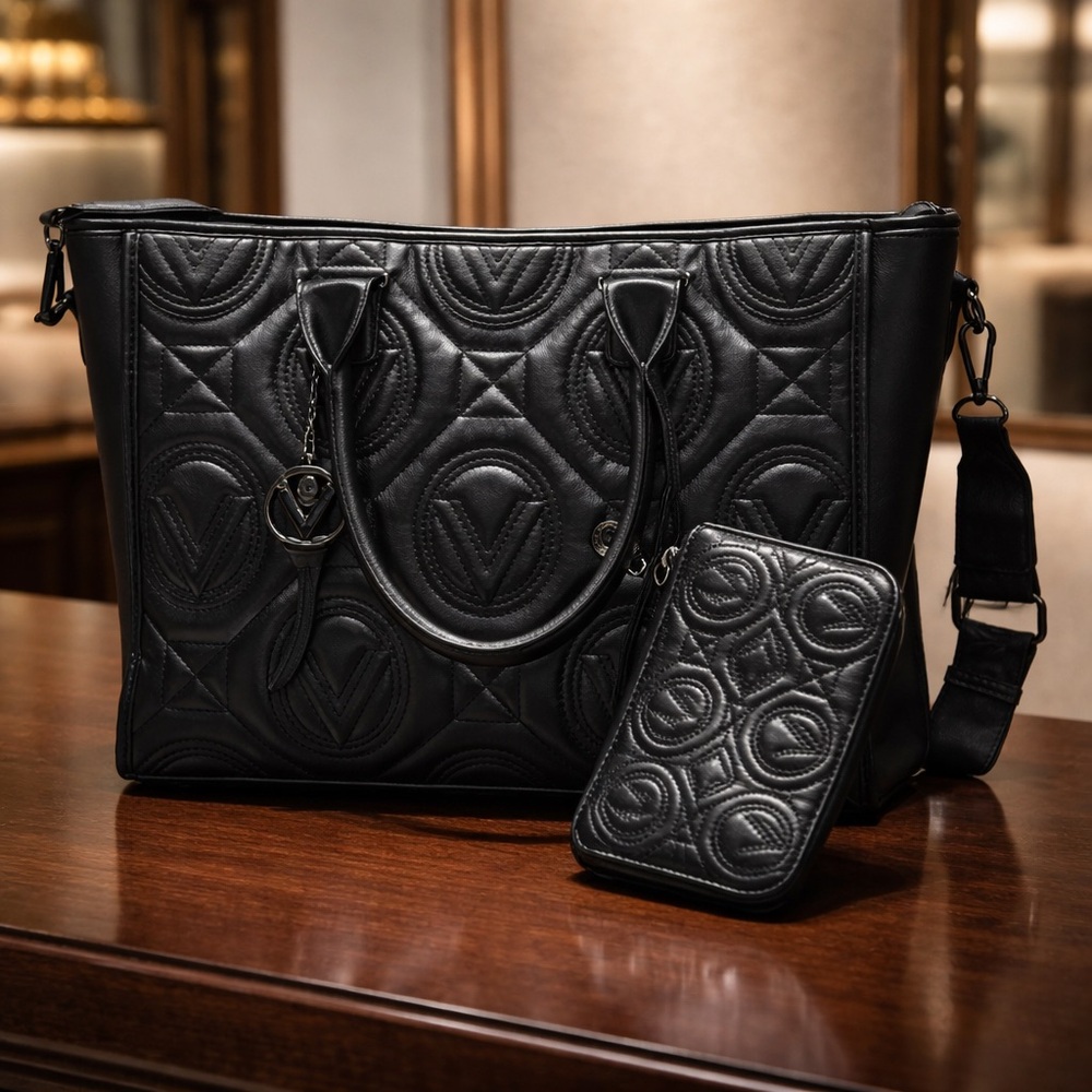 Valentino Orlandi Large Black Tote With Detachable Shoulder Strap Matching Pouch